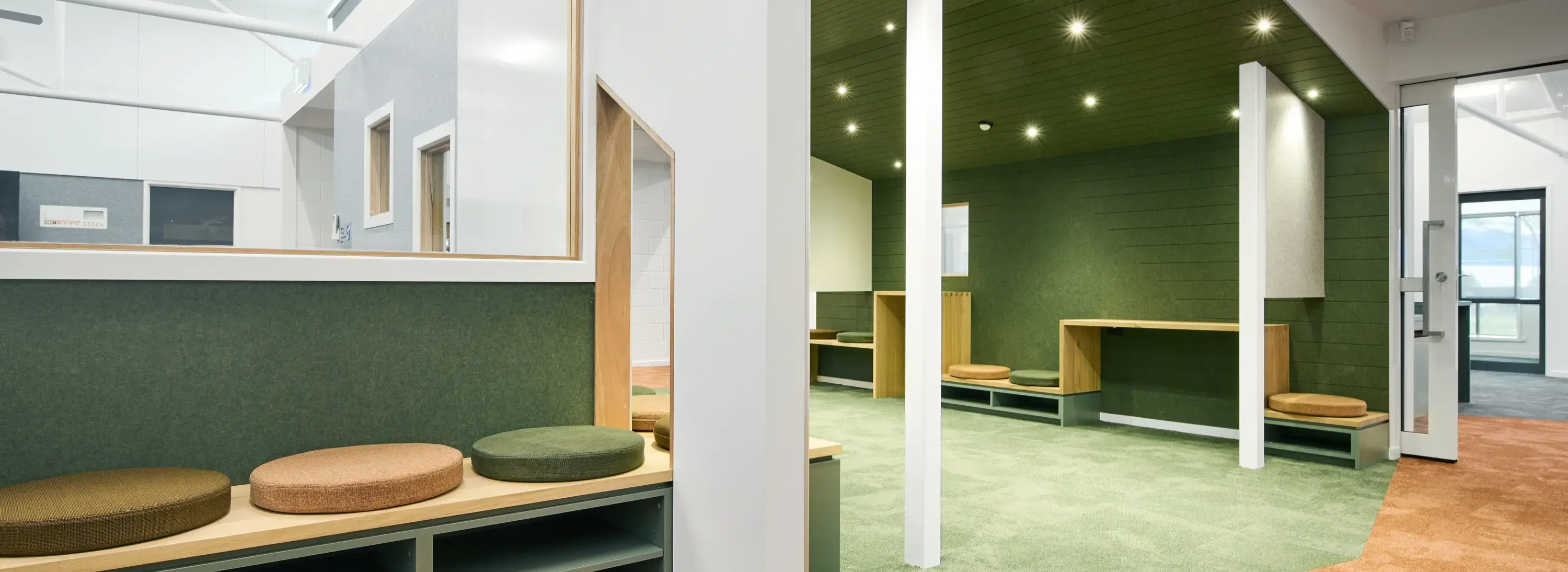 Interior of St Michael's Primary School, showing seating areas for children