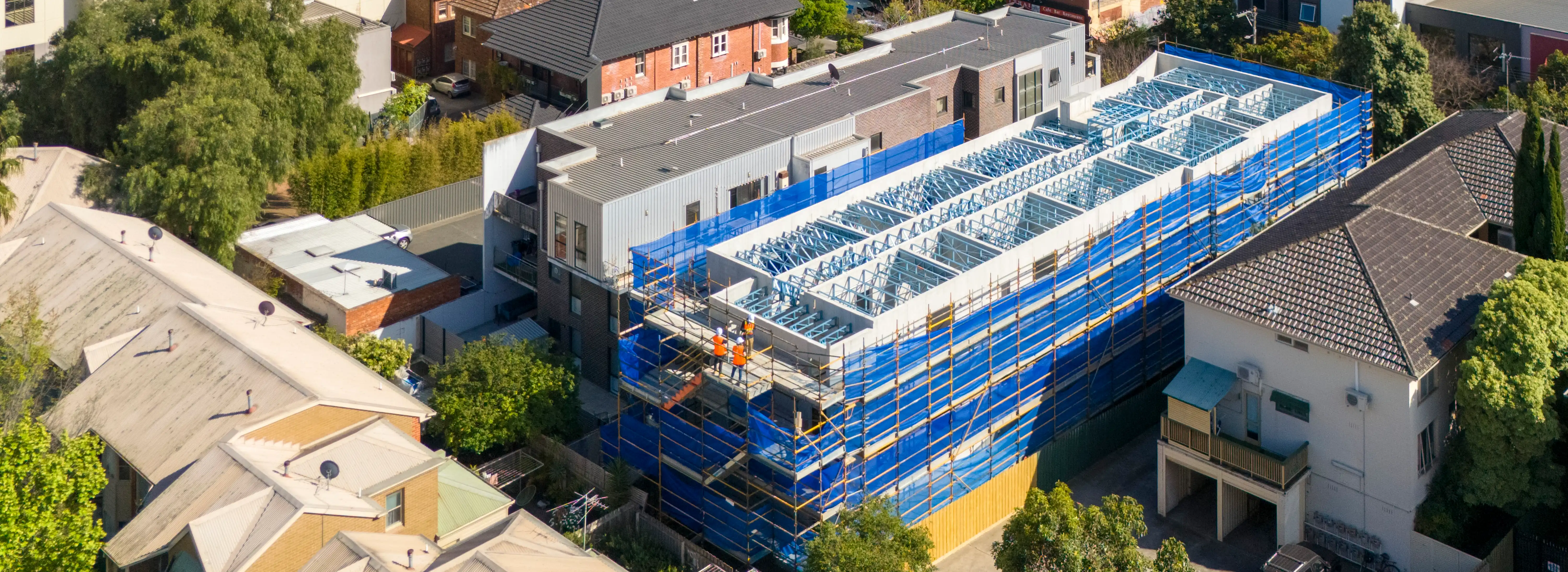 Drone view of St Kilda Community Housing structure under construction