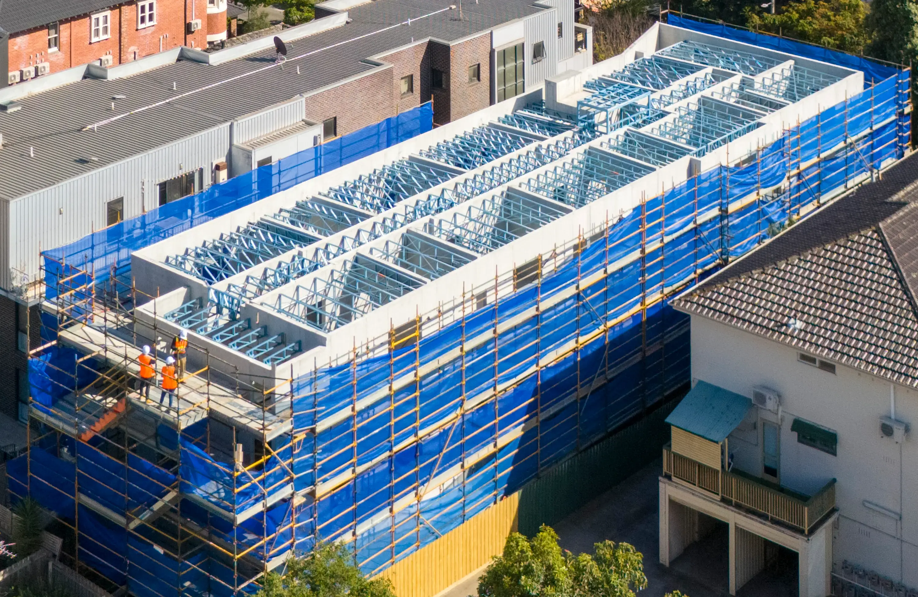 Drone view of St Kilda Community Housing structure under construction